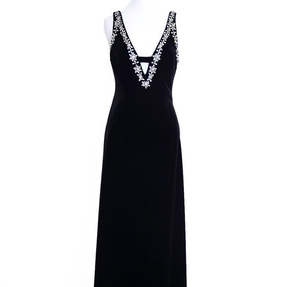 Stunning Vintage 90s Niki Velvet Formal Long Dress Gown Beaded Black 6 Small - Picture 1 of 13